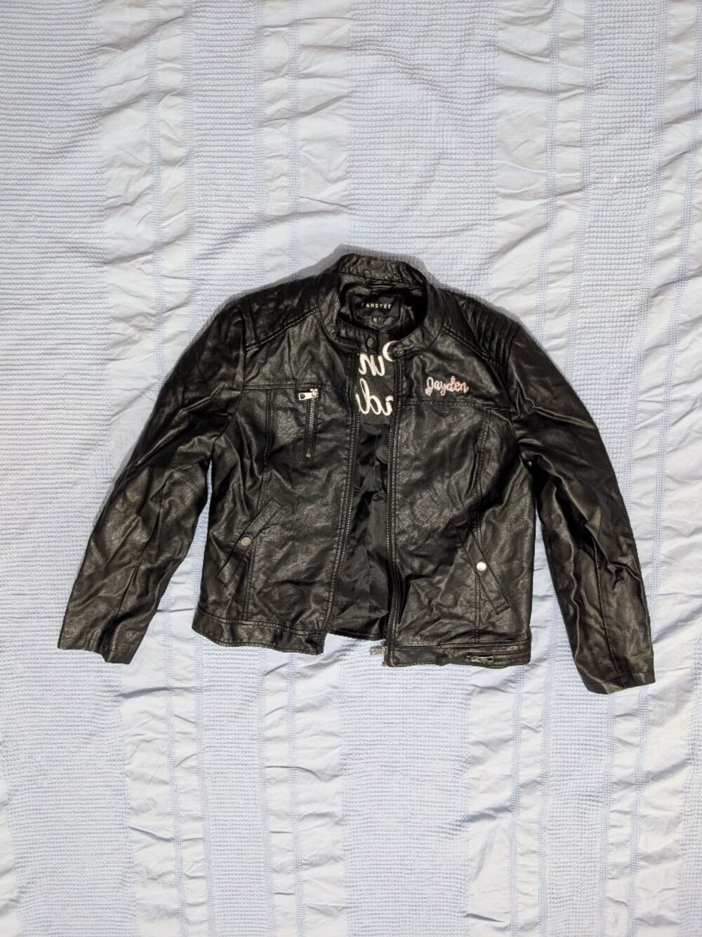 FAHSYEE Womens Black Faux Leather Biker Jacket XL Embroidered Pink Ladies COSTUM